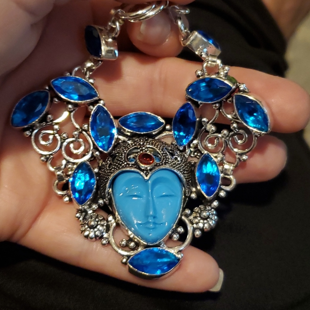 New Carved Goddess Face Multi Gemstone 925 Silver Bracelet.